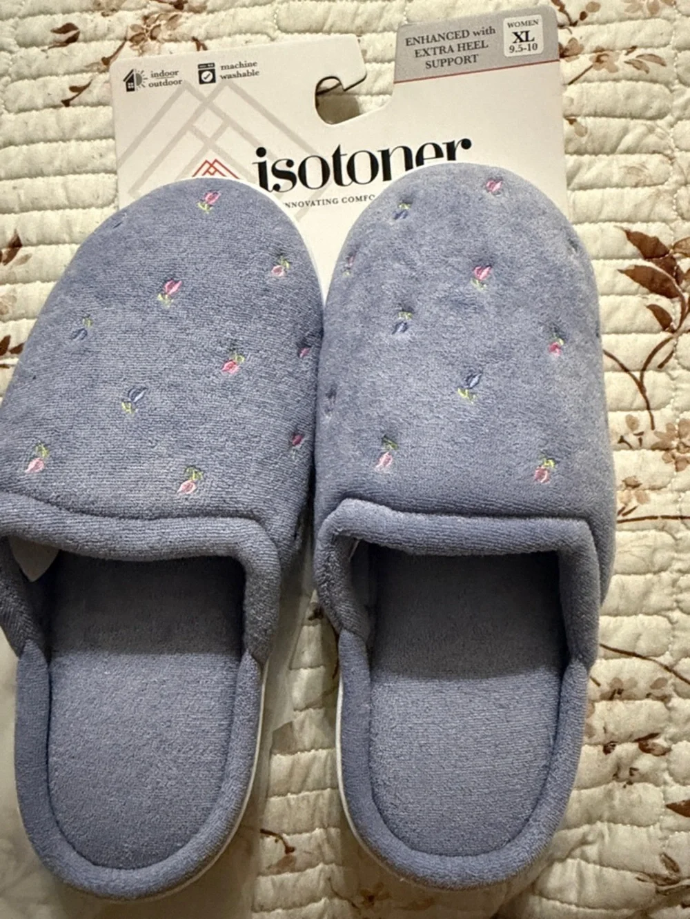 isotoner Light Purple Embroidered Floral Plush Slip-On Slippers - Picture 1 of 5